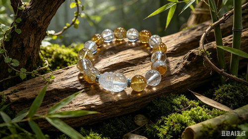 Citrine & Clear Quartz Pixiu Prosperity Bracelet — natural light on driftwood with bamboo