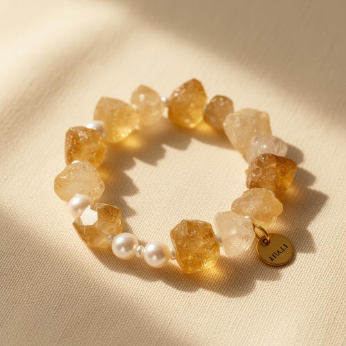 Raw freeform natural citrine bracelet with freshwater pearl spacers